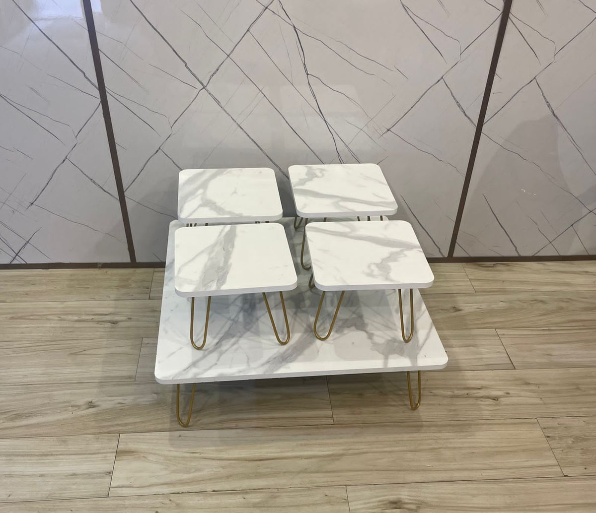 Coffee Table Set – Piece Marble Design with Metal Legs